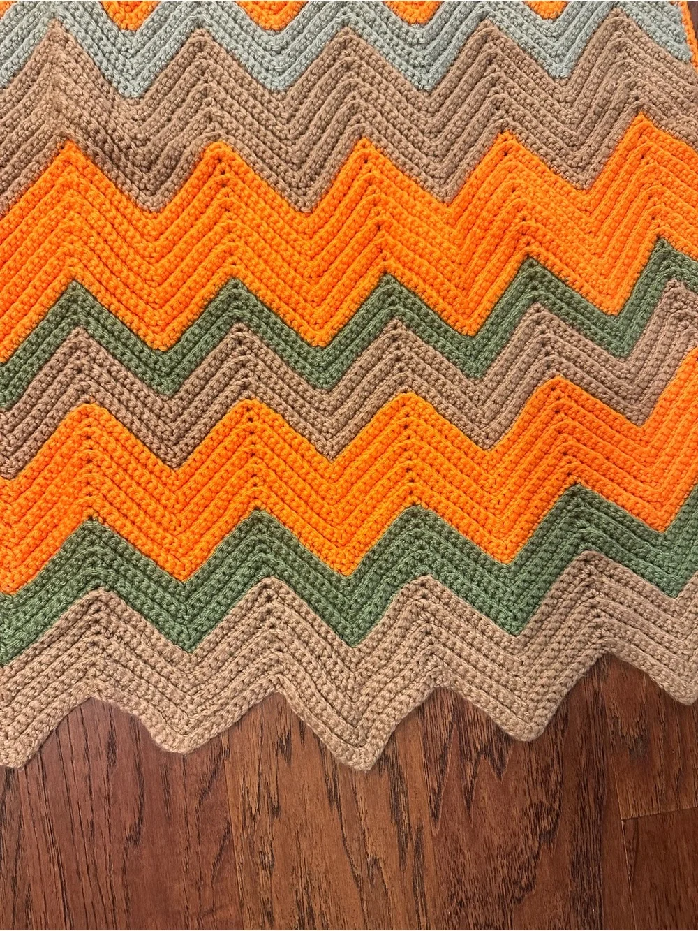 Vintage Chevron Knit Blanket in Orange, Olive & Tan - approx 38 in. X 54 in.
